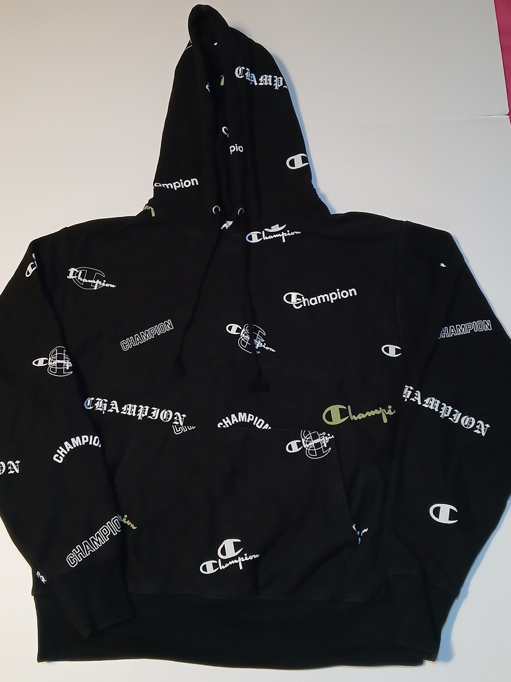 Champion Black Logo-Print Hoodie Sz L